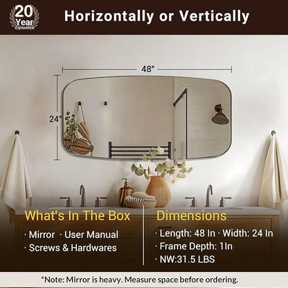 Brushed Nickel Bathroom Mirror, 24x48 Oblong Mirror with Stainless Steel Metal Frame, Silver Oval Vanity Mirror for Over Sink, Modern Anti Rust Wall Mounted