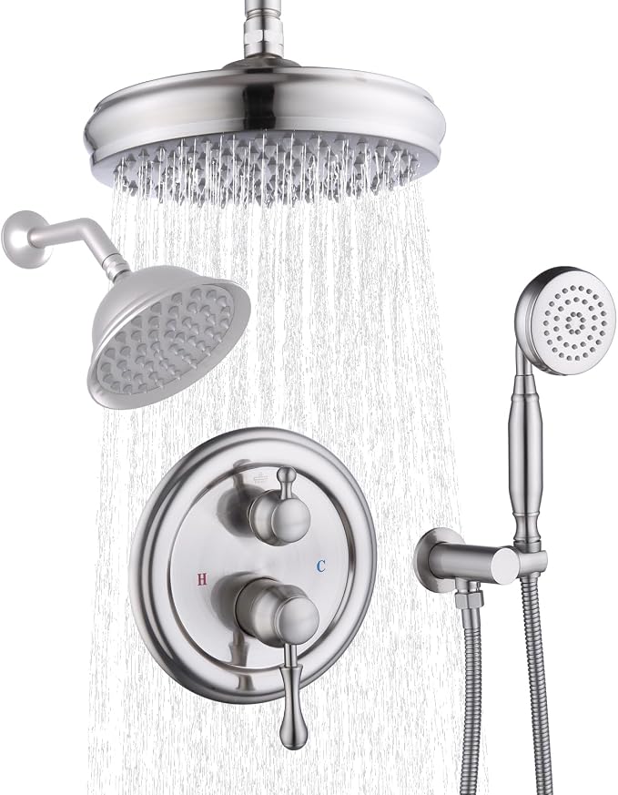 Enga Antique Dual Shower Head Faucet Set - 8" Ceiling Mount Rain Shower & 6" Wall-Mounted Vintage Rainfall + Handheld Spray Combo, Brushed Nickel