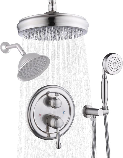 Enga Antique Dual Shower Head Faucet Set - 8" Ceiling Mount Rain Shower & 6" Wall-Mounted Vintage Rainfall + Handheld Spray Combo, Brushed Nickel