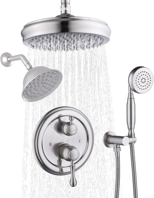 Enga Antique Dual Shower Head Faucet Set - 8" Ceiling Mount Rain Shower & 6" Wall-Mounted Vintage Rainfall + Handheld Spray Combo, Brushed Nickel