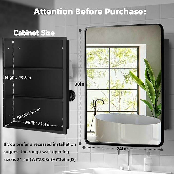 Movo 24 Inch x 30 Inch Black Metal Framed Bathroom Mirror Medicine Cabinet Rectangle Tilting Beveled Vanity Mirrors Recess or Surface Mount Installation