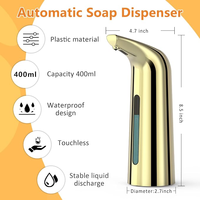 Automatic Liquid Soap Dispenser, 4-Level,Rechargeable | Plastic,13.5oz/400ml Gold Touchless Electric Hand & Dish Countertop Soap Dispensers with Sensor for Bathroom,Kitchen Sink