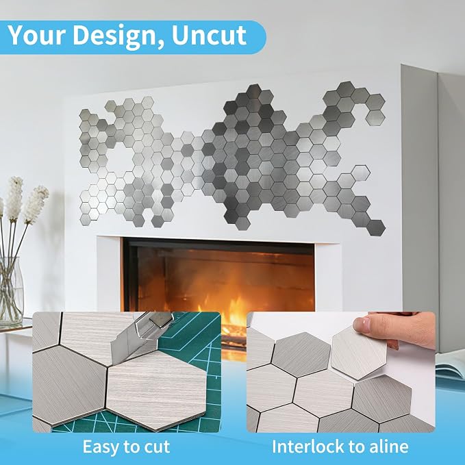 Art3d 10-Pack Metal Peel and Stick Backsplash Tile, Silver Hexagon | 12" x 12", Stainless Steel, Self Adhesive, Anti-Corrosion, Waterproof, Lightweight, Ideal for Kitchens, Bathrooms