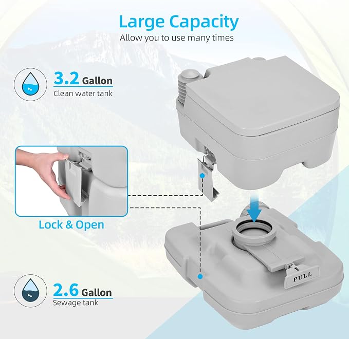 YITAHOME Portable Toilet 2.6 Gallon Camping RV Potty | Double Water Outlet, Press Flush Pump, for Travel, Boating, Hiking, Trips,Gray