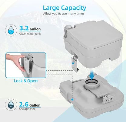 YITAHOME Portable Toilet 2.6 Gallon Camping RV Potty | Double Water Outlet, Press Flush Pump, for Travel, Boating, Hiking, Trips,Gray