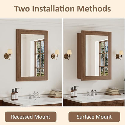 24 x 30 Inch Walnut Grain Medicine Cabinet with Mirror, Recessed or Wall-Mounted Wood Storage Cabinet for Bathroom, Adjustable Shelves, Soft-Close Hinges, Rectangle