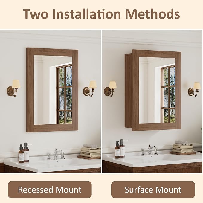 Buruis 20 x 28 Inch Bathroom Wood Medicine Cabinet Mirror, Walnut Finish | Fully Assembled Design, Adjustable Glass Shelves, Soft-Close Hinges, Bathroom Storage Organizer, Left/Right Opening