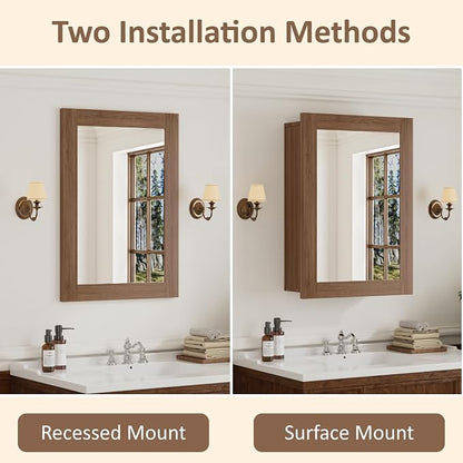 Buruis 20 x 28 Inch Bathroom Wood Medicine Cabinet Mirror, Walnut Finish | Fully Assembled Design, Adjustable Glass Shelves, Soft-Close Hinges, Bathroom Storage Organizer, Left/Right Opening