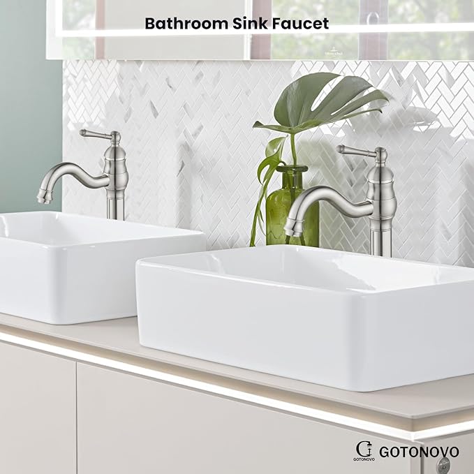 gotonovo Vessel Sink Faucet 360° Swivel Spout Single Handle Tall Bathroom Faucet 1 Hole Farmhouse Lavatory Washbasin Mixer Tap Matching Supply Hoses, Without Pop Up Drain, Brushed Nickel