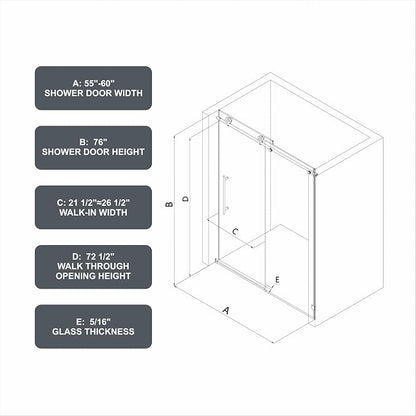 Single Sliding Shower Door,55"-60" W x 76" H Frameless Shower Door with 5/16" (8mm) Thick SGCC Tempered Glass W/Adjustable Soft Closing,Bathroom Glass Door for Spa（Brushed Gold）