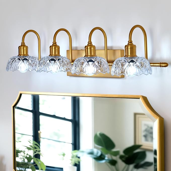 UOFUS 4-Light Gold Vanity Light Vintage Bathroom Lighting Fixtures | Over Mirror with Clear Glass Shade