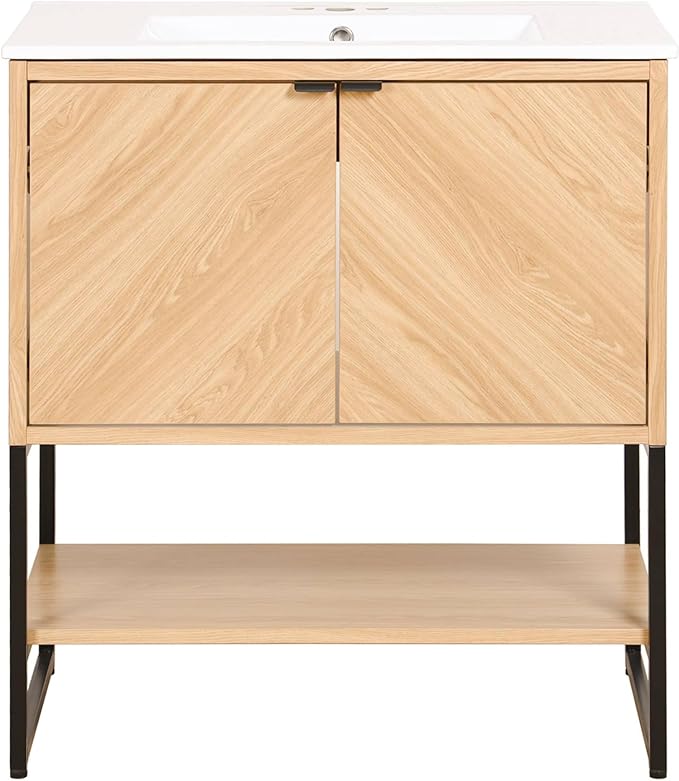 JONATHAN Y VAN1014A Juhl 30 in. W x 18 in. D x 33 in. H Chevron-Front Modern Minimalist 2-Shelf Bathroom Vanity Cabinet Only with Soft Closing Doors (Sink Basin Not Included), Oak