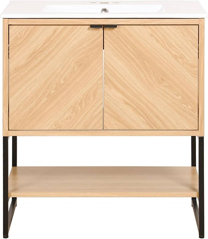 JONATHAN Y VAN1014A Juhl 30 in. W x 18 in. D x 33 in. H Chevron-Front Modern Minimalist 2-Shelf Bathroom Vanity Cabinet Only with Soft Closing Doors (Sink Basin Not Included), Oak