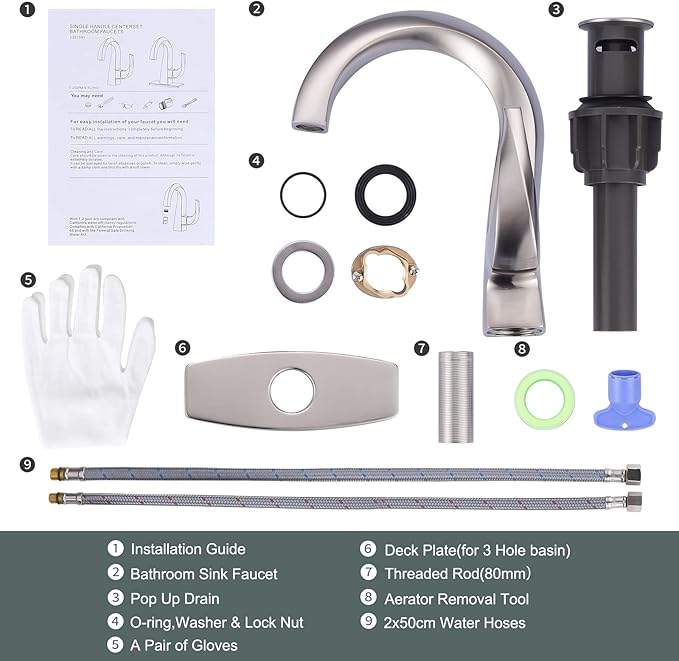 WOWOW Single Handle Bathroom Faucet, 1 Hole, High Arc, Brushed Nickel, Pop-up Drain, Solid Brass, Commercial Bathroom Sink Faucet, Basin Vanity Bar Faucet