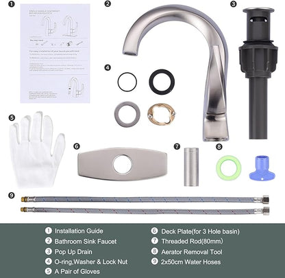 WOWOW Single Handle Bathroom Faucet, 1 Hole, High Arc, Brushed Nickel, Pop-up Drain, Solid Brass, Commercial Bathroom Sink Faucet, Basin Vanity Bar Faucet