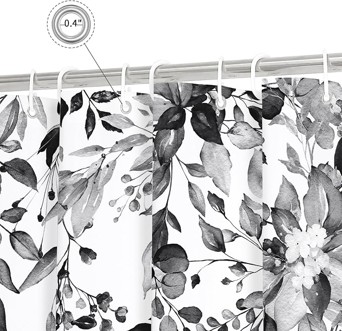 Black Eucalyptus Shower Curtain, Watercolor Floral Print, 54x78 | Watercolor Plant Leaves Floral Print, Stall Waterproof Fabric Bathroom Decor, Machine Washable, Rustproof Grommets