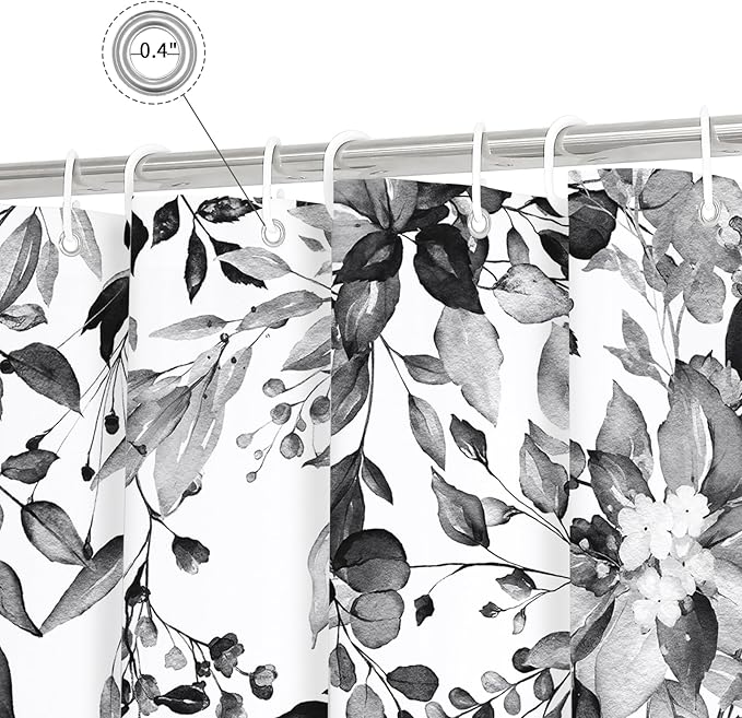 Black Eucalyptus Shower Curtain, Watercolor Floral Print, 108x72 | Watercolor Plant Leaves Floral Print, Extra Wide Waterproof Fabric Bathroom Decor, Machine Washable, Rustproof Grommets