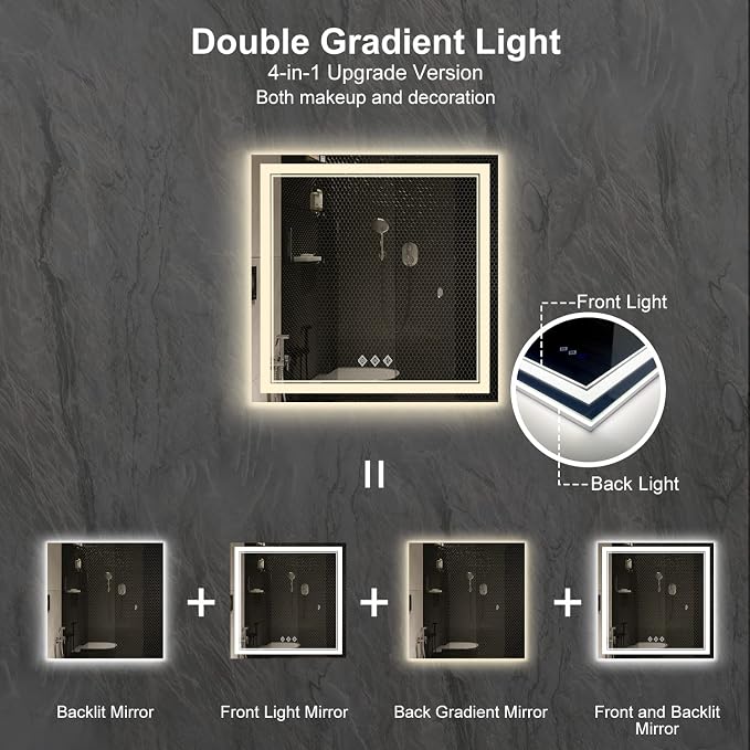 LED Bathroom Mirror, 32x32 Inch Gradient Front and Backlight Lighted Vanity Mirror, 3 Colors Dimmable CRI>90 Double Lights, IP54 Enhanced Anti-Fog, Hanging Plates Wall Mount Bathroom Mirror