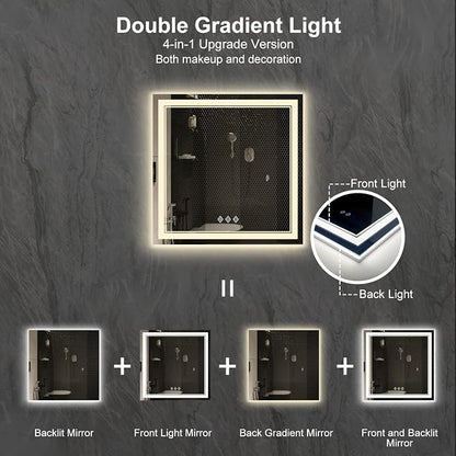 LED Bathroom Mirror, 32x32 Inch Gradient Front and Backlight Lighted Vanity Mirror, 3 Colors Dimmable CRI>90 Double Lights, IP54 Enhanced Anti-Fog, Hanging Plates Wall Mount Bathroom Mirror