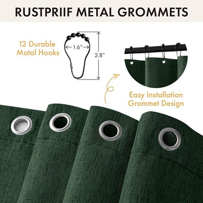 ANRODUO Dark Green Scalloped Linen Textured Shower Curtain, W72 x L84 | Boho Farmhouse Shower Curtain with 12 Metal Hooks, Machine Washable Waterproof Heavy Duty Fabric for Bathroom Bathtub