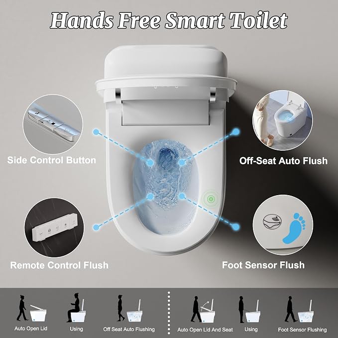 Smart Bidet Toilet with Tank Foam Shield Dual Auto Flush/Lid&Seat | Foot Sensor UV-C light Electric Modern One Piece Toilet for Bathroom with Siphon Dual Flush 0.8/1.2 GPF MAP 1000g