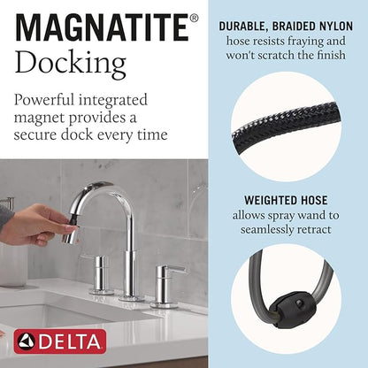 Delta Nicoli Chrome Bathroom Faucet with Sprayer, 8 Inch 3 Hole Widespread Bathroom Sink Faucet with Pull Out Sprayer, Push-Pop Drain, Chrome 35749LF-PD