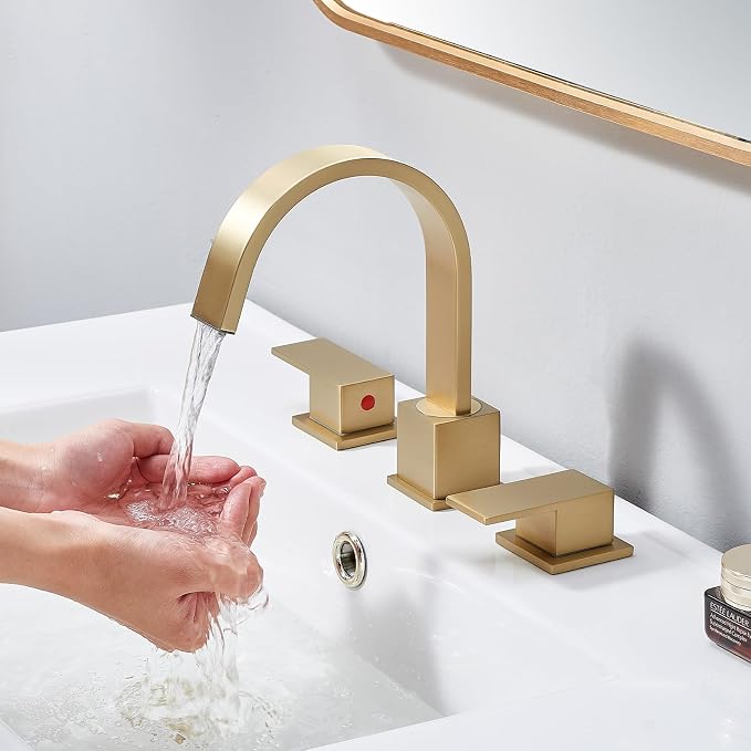 Brushed Gold Bathroom Faucet 3 Hole, Waterfall 8 Inch Widespread Gold Bathroom Sink Faucets with Pop-up Drain and Supply Hoses, 360° Swivel Spout 2-Handle Sink Faucet for Bath Vanity
