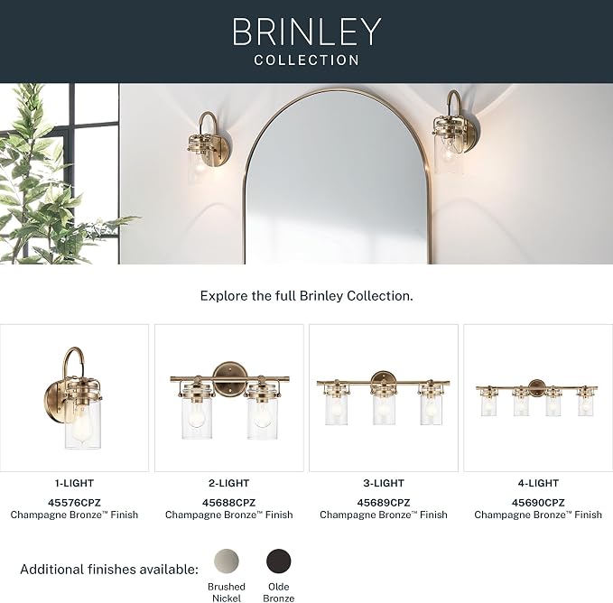 Kichler Brinley 11.5" 1-Light Wall Sconce Light, Brushed Nickel | Mason jar glass shade creates warm ambient light for bathrooms, hallways and dining rooms, 45576NI