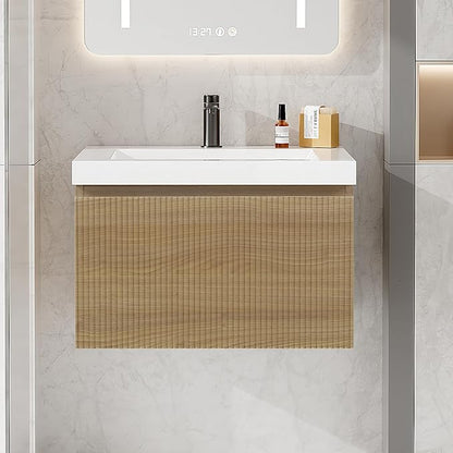 24 Inch Floating Bathroom Vanity with Sink, Modern Oak Wall Mounted Floating Vanity with Glossy Resin Sink, Soft Closing Drawer, Fully Pre Assembled Bathroom Vanity, Natural Oak