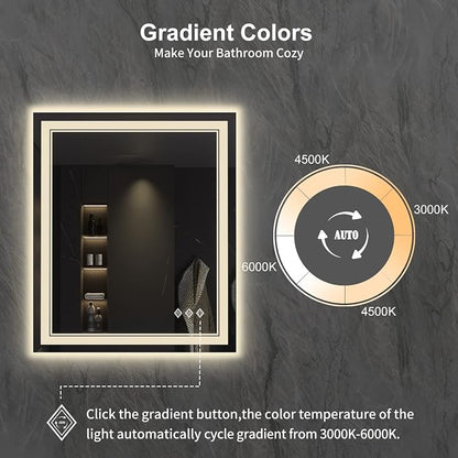 Lighted Mirror, 30x36 Inch Gradient Front and Backlit LED Mirror, 3 Colors Dimmable CRI>90 Double Lights, IP54 Enhanced Anti-Fog, Hanging Plates Wall Mount LED Bathroom Mirror