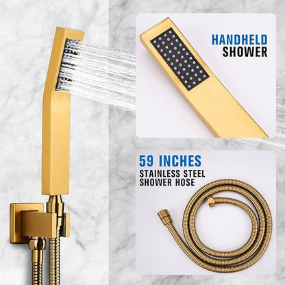 Rainfall Shower System - Wall Mounted Complete Combo with Solid Brass Pressure Balancing Valve, High Pressure Shower Head, Handle Set & Installation Accessories Brushed Gold 10"+Handheld Spray