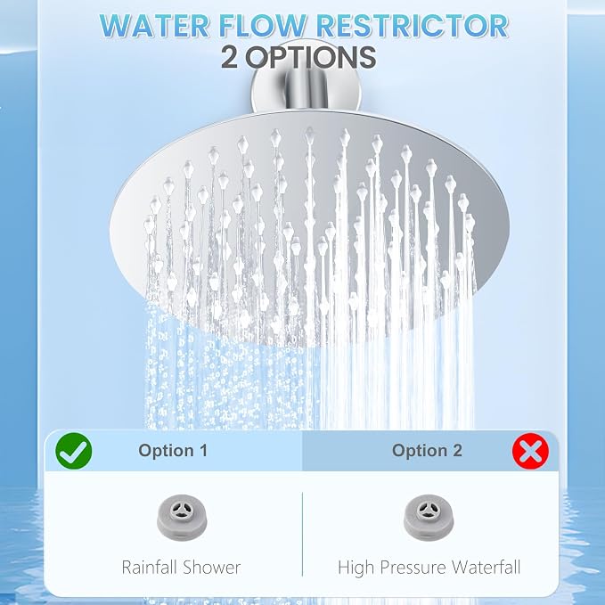8 Inch Rain Shower Head Chrome, Round Rainfall Shower Heads with 90 Anti-Clog Silicone Nozzles, All Metal Stainless Steel Ceiling Mount