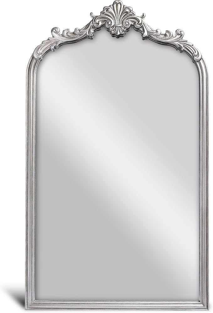 English Estate Carved Arch Wood Wall Mirror, Mirror for Entryway, Living Room, Bathroom, Antique Silver, 20.4x33