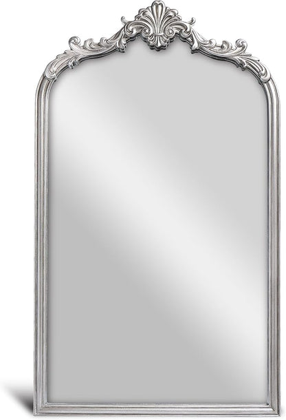 English Estate Carved Arch Wood Wall Mirror, Mirror for Entryway, Living Room, Bathroom, Antique Silver, 20.4x33