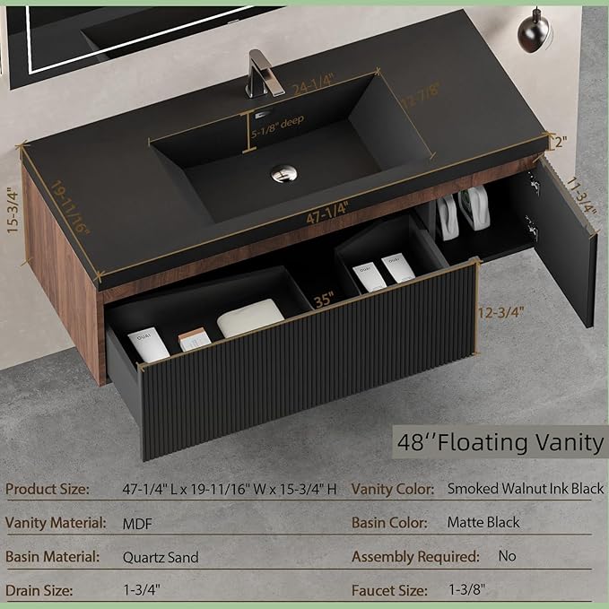 Wall Mounted Bathroom Sink Vanity, Modern 48" Floating Vanity with Resin Basin, U-Shaped Soft-Close Storage Drawer & Side Door, Striped Bathroom Storage Cabinet with Invisible Handle, Black
