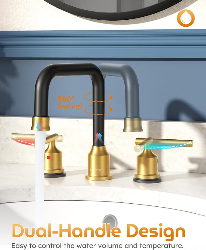 WOWOW Black Gold Bathroom Faucet 3 Hole, Widespread Vanity Sink Faucets | Copper Inlet Faucet for Bathroom Sink with Swivel Spout, 2 Handles Lavatory Tap with Drain and cUPC Supply Line (Set of 2)