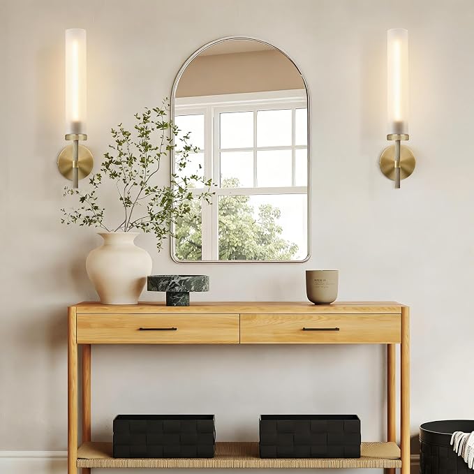 Modern Hardwired Frosted Glass Bathroom Wall Sconces, Handmade Knurled Brass Wall Light Fixture,Modern Vanity Light for Living Room,Hallway, Bedroom, 20" Indoor Wall Lamp, Bulb Included