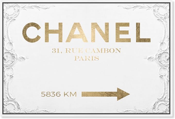 The Oliver Gal Artist Co. Typography and Quotes Contemporary Canvas Art - Couture Road Sign Rococo Gold, Wall Art for Living Room, Bedroom, and Bathroom, 24 in x 16, White and Gold Home Decor