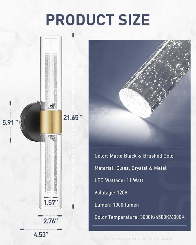 kudos Black and Gold LED Vanity Light, Crystal Bubble and Clear Glass, 3CCT | 11W, 1000 Lumens,3000K, 4500K and 6000K Selectable, Hardwired, for Bathroom, Bedroom and Over Mirror, KDVL05-BG-2