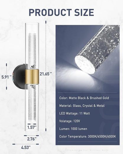 kudos Black and Gold LED Vanity Light, Crystal Bubble and Clear Glass, 3CCT | 11W, 1000 Lumens,3000K, 4500K and 6000K Selectable, Hardwired, for Bathroom, Bedroom and Over Mirror, KDVL05-BG-2