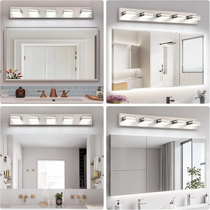 LED Modern Bathroom Vanity Light Fixtures 5-Light, 32 inch Dimmable Nickel Vanity Lights for Bathroom Lighting Fixtures Over Mirror, with 350°Rotatable Acrylic Heads(White Light 5500K)