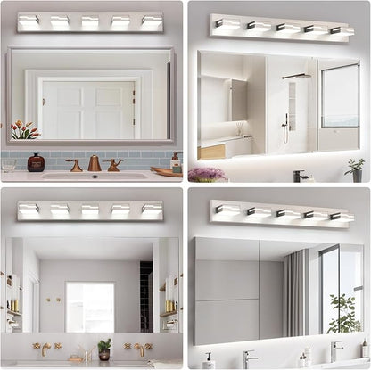 LED Modern Bathroom Vanity Light Fixtures 5-Light, 32 inch Dimmable Nickel Vanity Lights for Bathroom Lighting Fixtures Over Mirror, with 350°Rotatable Acrylic Heads(White Light 5500K)