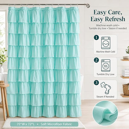 Teal Ruffle Shower Curtain, Elegant Boho Bathroom Decor, Extra Long Textured Fabric, Rustic Farmhouse Style, Chic Girly Aqua Curtains, Privacy & Decorative Design, 72 x 72 inch