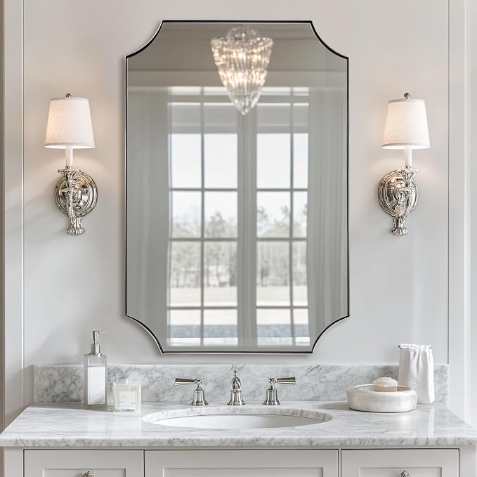 24x36 Inch Chrome Mirror, Scalloped Bathroom Mirror, Polished Chrome Framed Mirror in Anti-Rust Stainless Steel Metal Thin Frame Deep 1’’, Unique Scalloped Edge Design