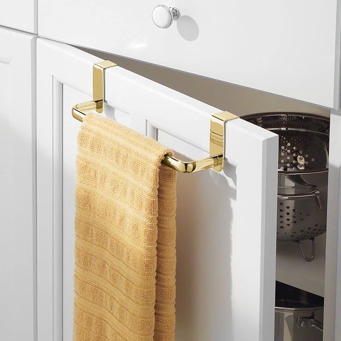 mDesign Steel Metal Wire Over Cabinet Towel Rack Storage Organizer - Hang on Cabinet or Door - Towel Bar Holder for Kitchen - Holds Hand Towels, Washcloths - Spira Collection, 2 Pack, Soft Brass
