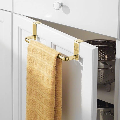 mDesign Steel Metal Wire Over Cabinet Towel Rack Storage Organizer - Hang on Cabinet or Door - Towel Bar Holder for Kitchen - Holds Hand Towels, Washcloths - Spira Collection, 2 Pack, Soft Brass