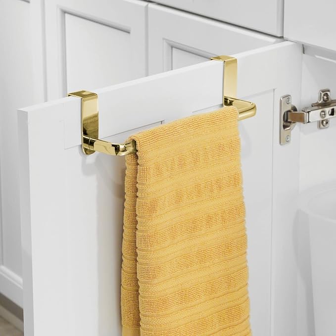 mDesign Steel Metal Wire Over Cabinet Towel Rack Storage Organizer - Hang on Cabinet or Door - Towel Bar Holder for Kitchen - Holds Hand Towels, Washcloths - Spira Collection, 2 Pack, Soft Brass