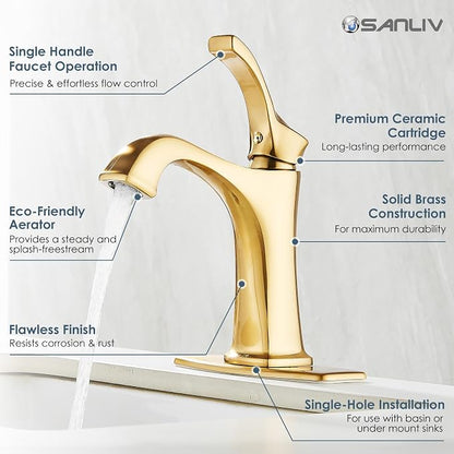 Brushed Gold Single Handle Bathroom Faucet, Deck Mount, 1 or 3 Hole Centerset, Solid Brass Body, Ceramic Disc Cartridge, Easy Installation, 6-Inch Deck Plate