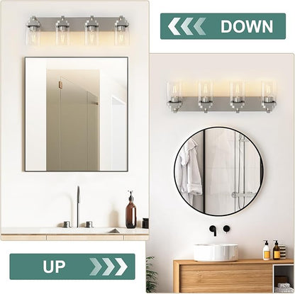 Brushed Nickel Bathroom Light Fixtures, 4 Lights Bathroom Lighting Fixtures Over Mirror, Square Design & Rectangle Large Backplate, Modern Vanity Lighting Fixtures, for Living Room/Bedroom
