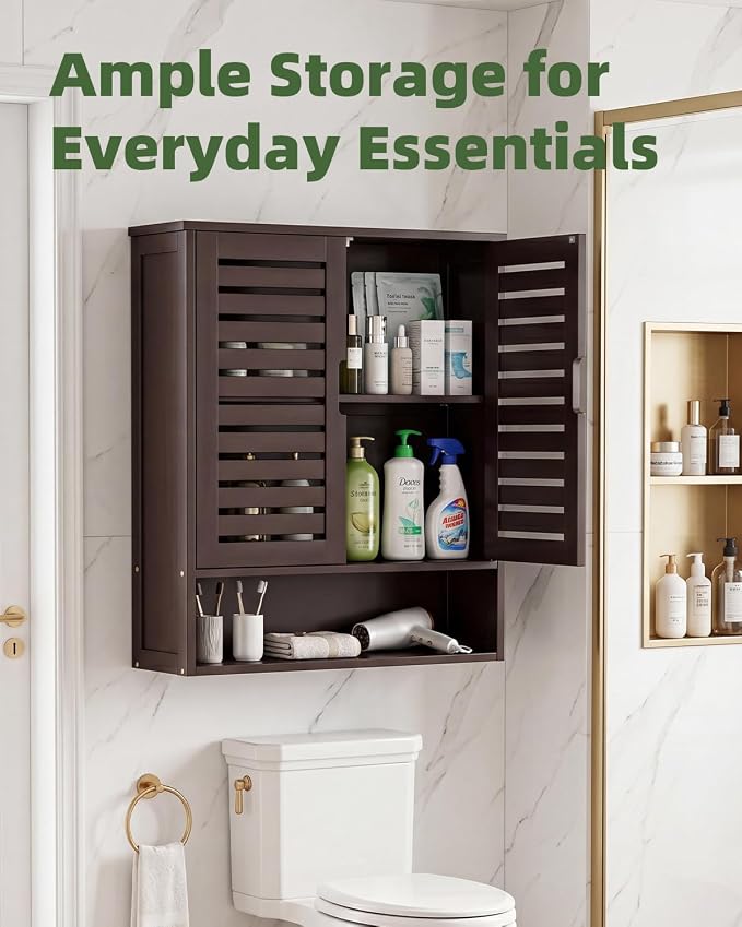 SMIBUY Bathroom Cabinet Wall Mounted, Bamboo Over-The-Toilet Storage Organizer, Space Saver Medicine Cabinet with 2 Door and Adjustable Shelves (Dark Brown)